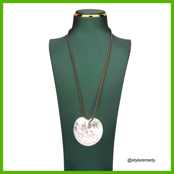 Chunky Bohemian Leather Choker Necklace, Adjustable Cord, Silver Pendant, 31.5 - Picture 2 of 7